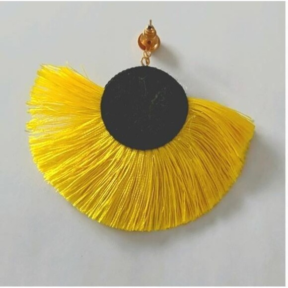 Yellow Earrings Tassel Multicolor Rhinestone Beads Pierced Dangle Hanging Boho - Picture 3 of 3
